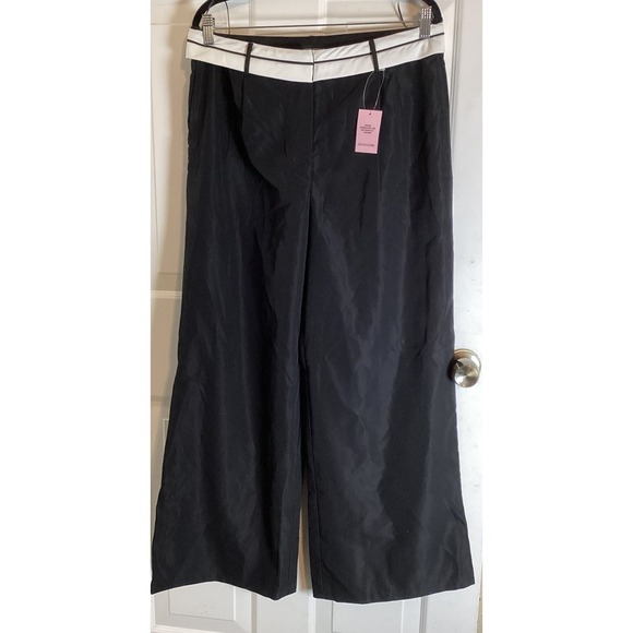 PrettyLittleThing Pants - Corpgoth Academia Wide Leg Trousers 10 Black White Contrast Waistband Officecore